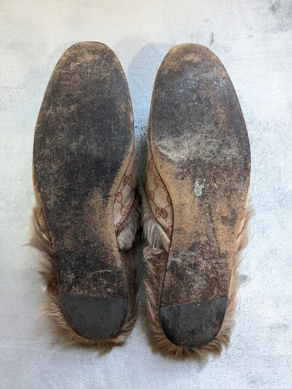 Gucci Beige GG Canvas Fur-Lined Horsebit Mules Men's 11.5 Monogram Logo